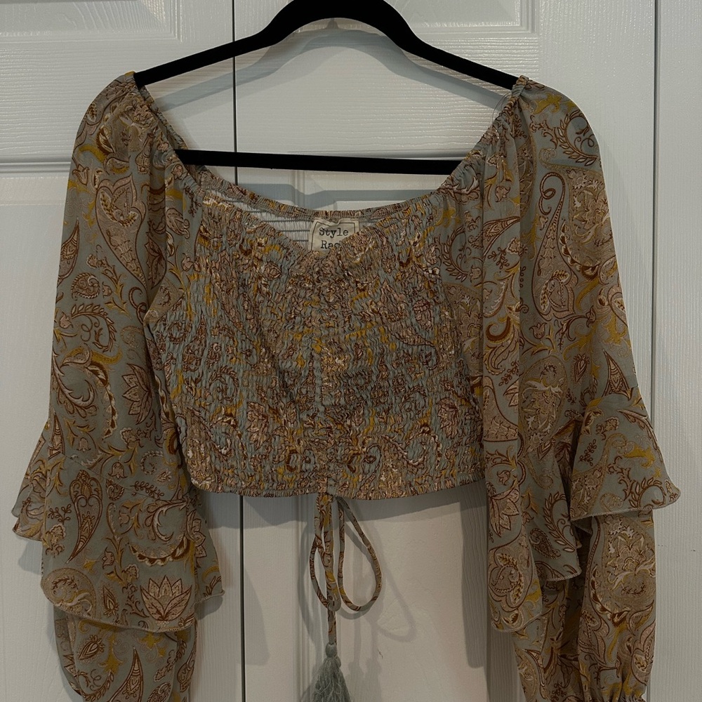 Gray-Blue Paisley Off-Shoulder Top